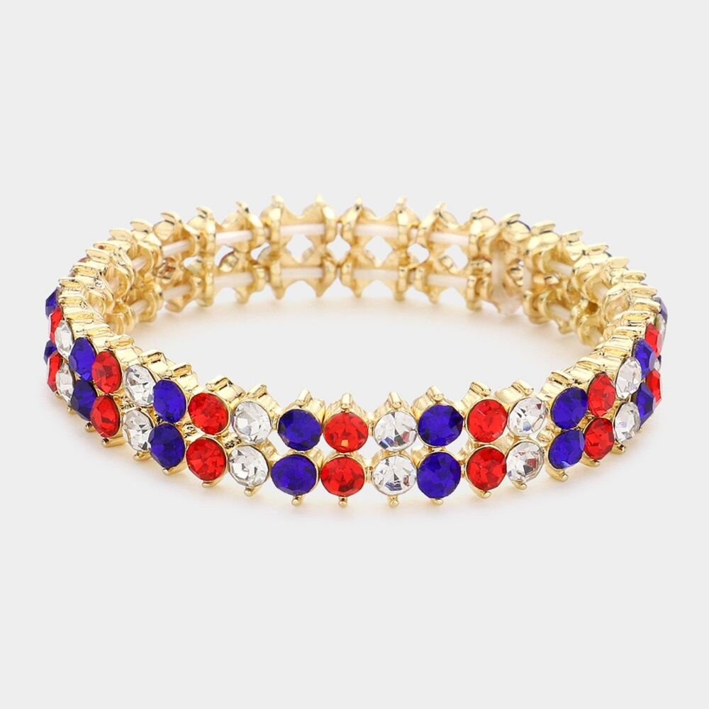 Red White Blue USA Bracelet Stretch Bubble Stone Fashion Jewelry Accessory